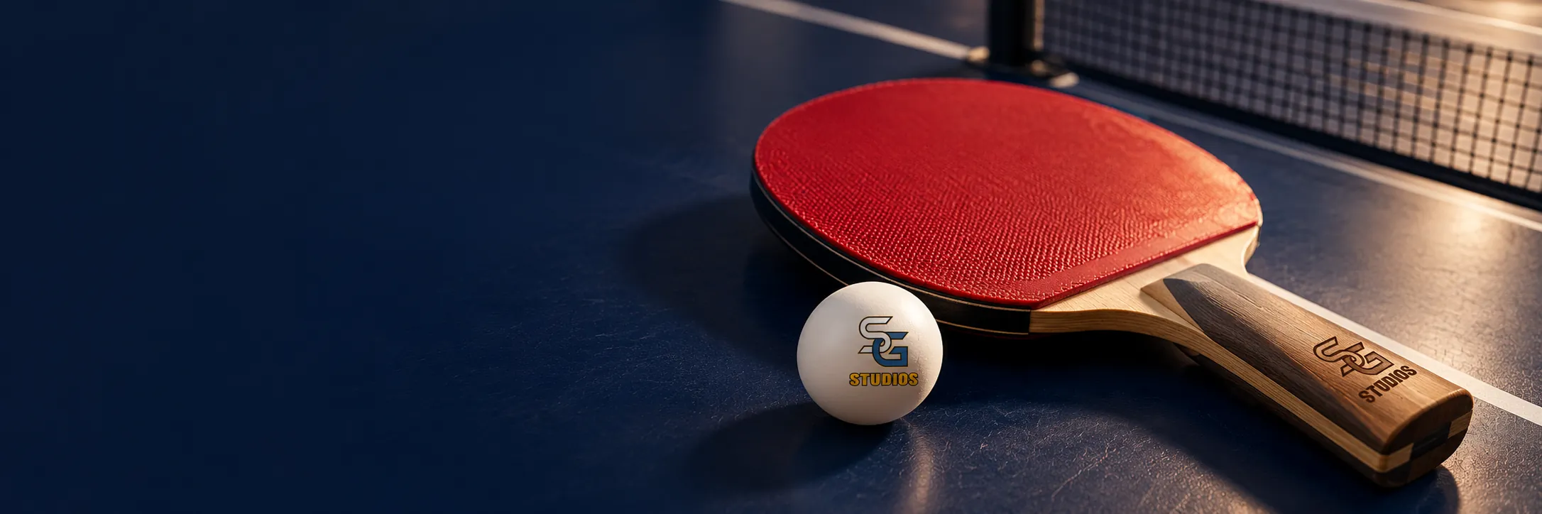 Raquete e bola de tênis de mesa com a marca SG Studios